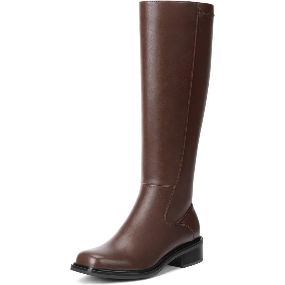 Women's Brown Low Heel Square Toe Tall Knee High Side Zipper Boots Faux Leather